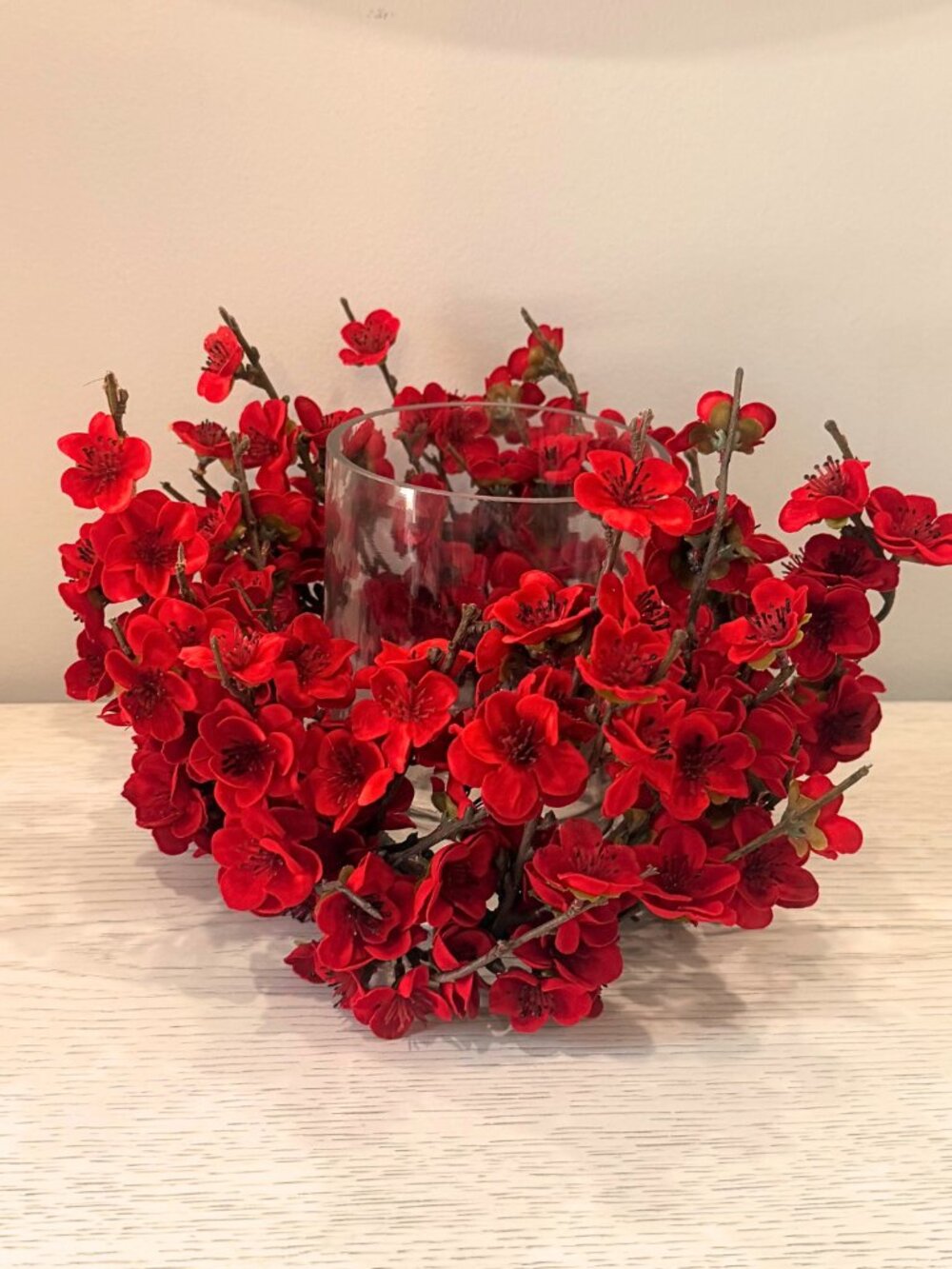 Candle Ring Wreath Red Flowers Glass Hurricane Pillar Holder Table Decor Holiday